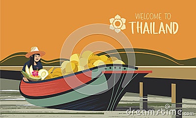 Fruit traders in boats. Vector illustration. For the Thai market. Vector Illustration